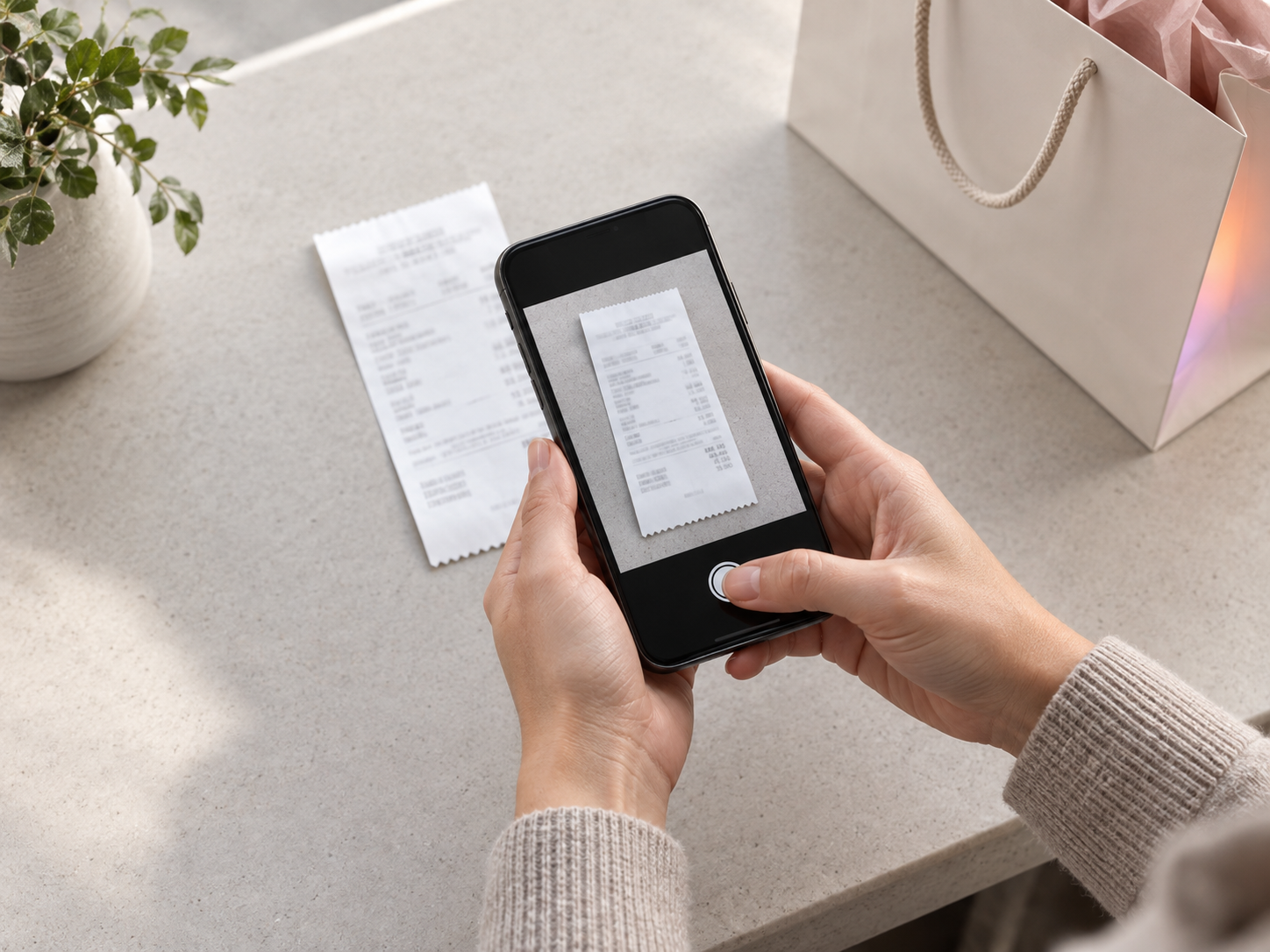 A phone photographing a paper receipt on a clean counter