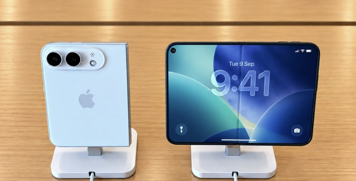 An iPhone-style foldable phone displayed in a store